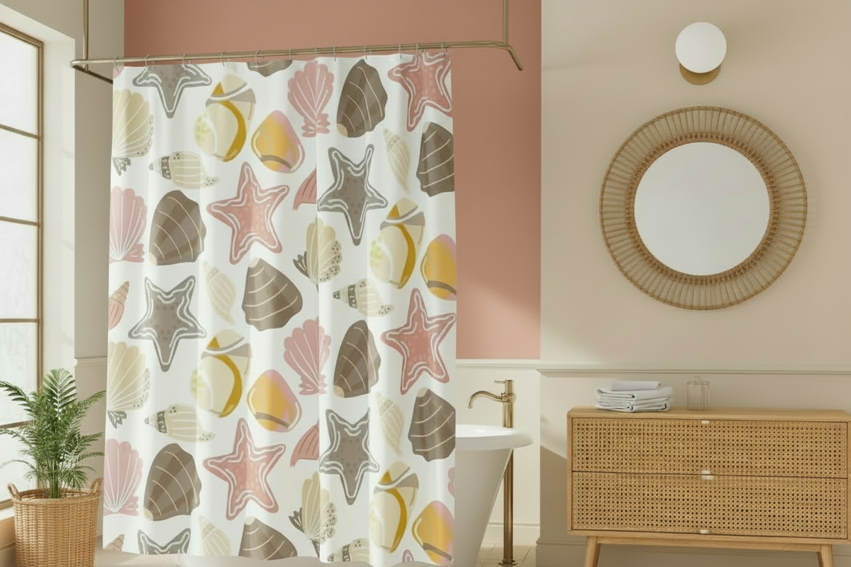 Retro coastal bathroom featuring the shower curtain